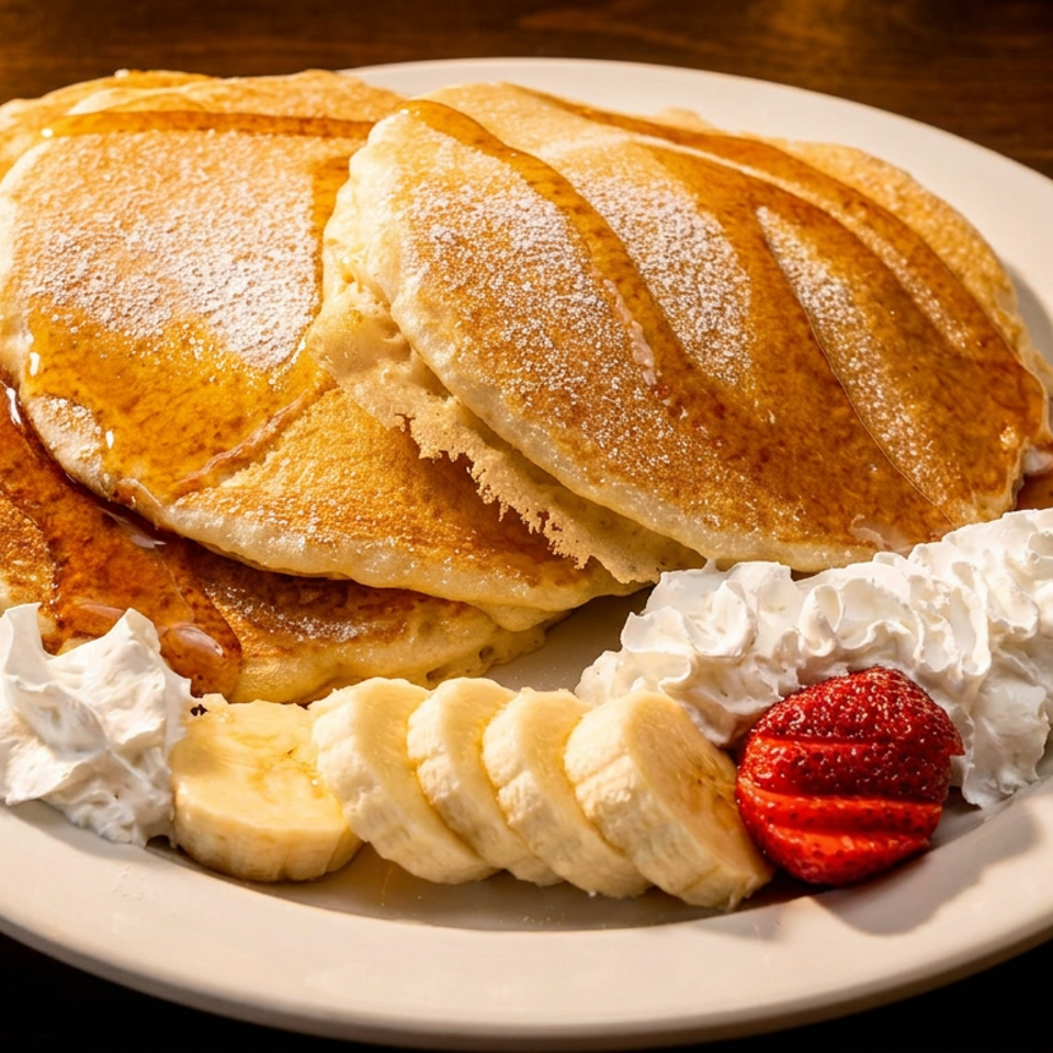 Stack of powdered-sugar pancakes drizzled with syrup, served with whipped cream, sliced banana, and strawberries on a white plate.