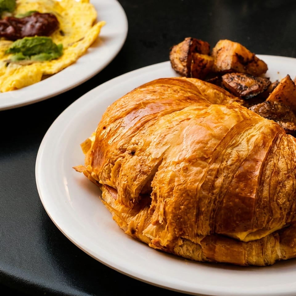 Golden croissant sandwich served with roasted potatoes, alongside an omelet with potatoes and green sauce on white plates.