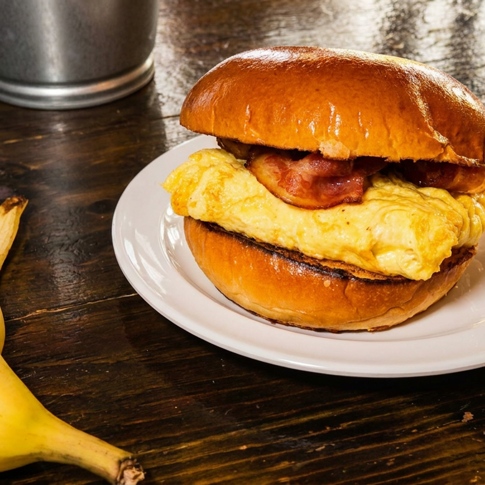 Breakfast sandwich with scrambled eggs and bacon on a brioche bun, served on a white plate beside a peeled banana.