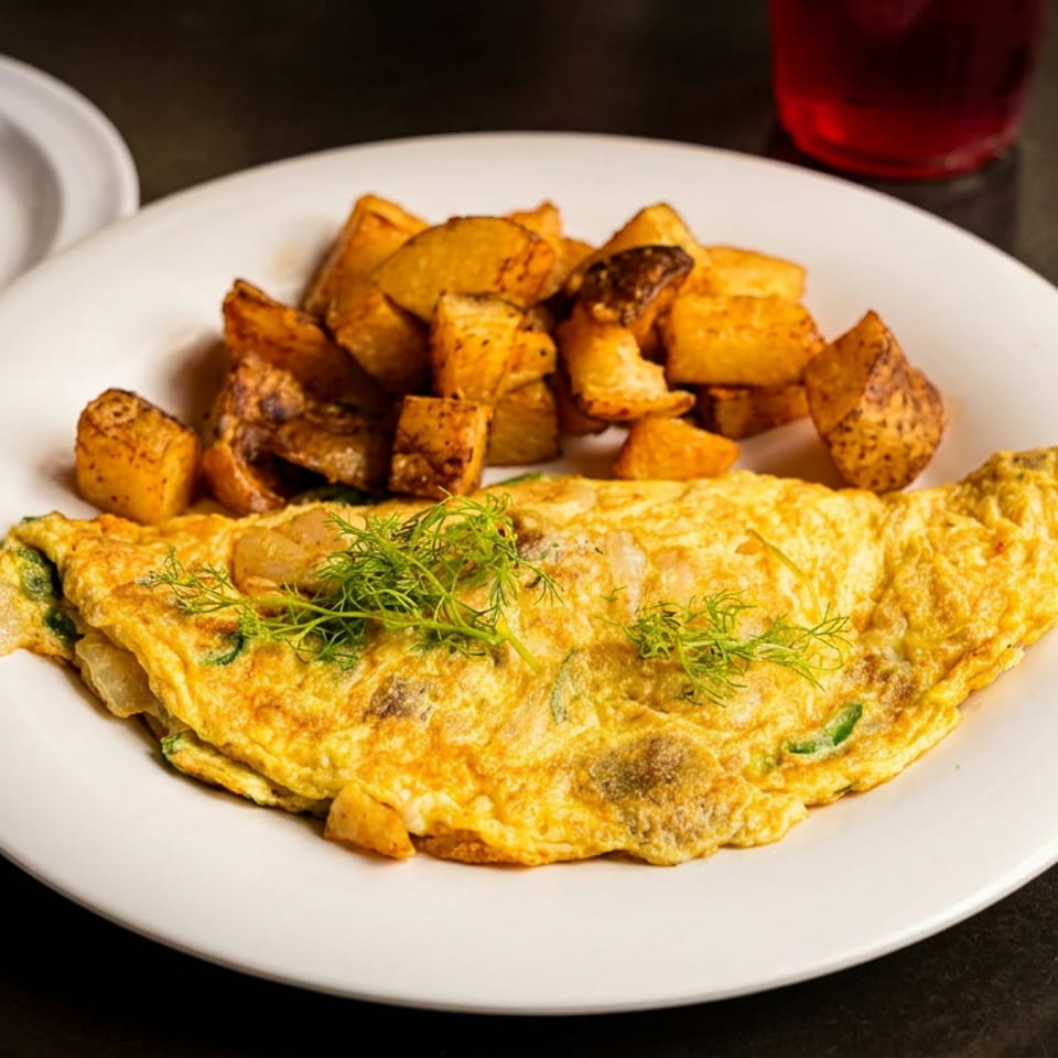 Golden herb-topped omelet with roasted potatoes, avocado slices, and a red beverage on a dark tabletop.