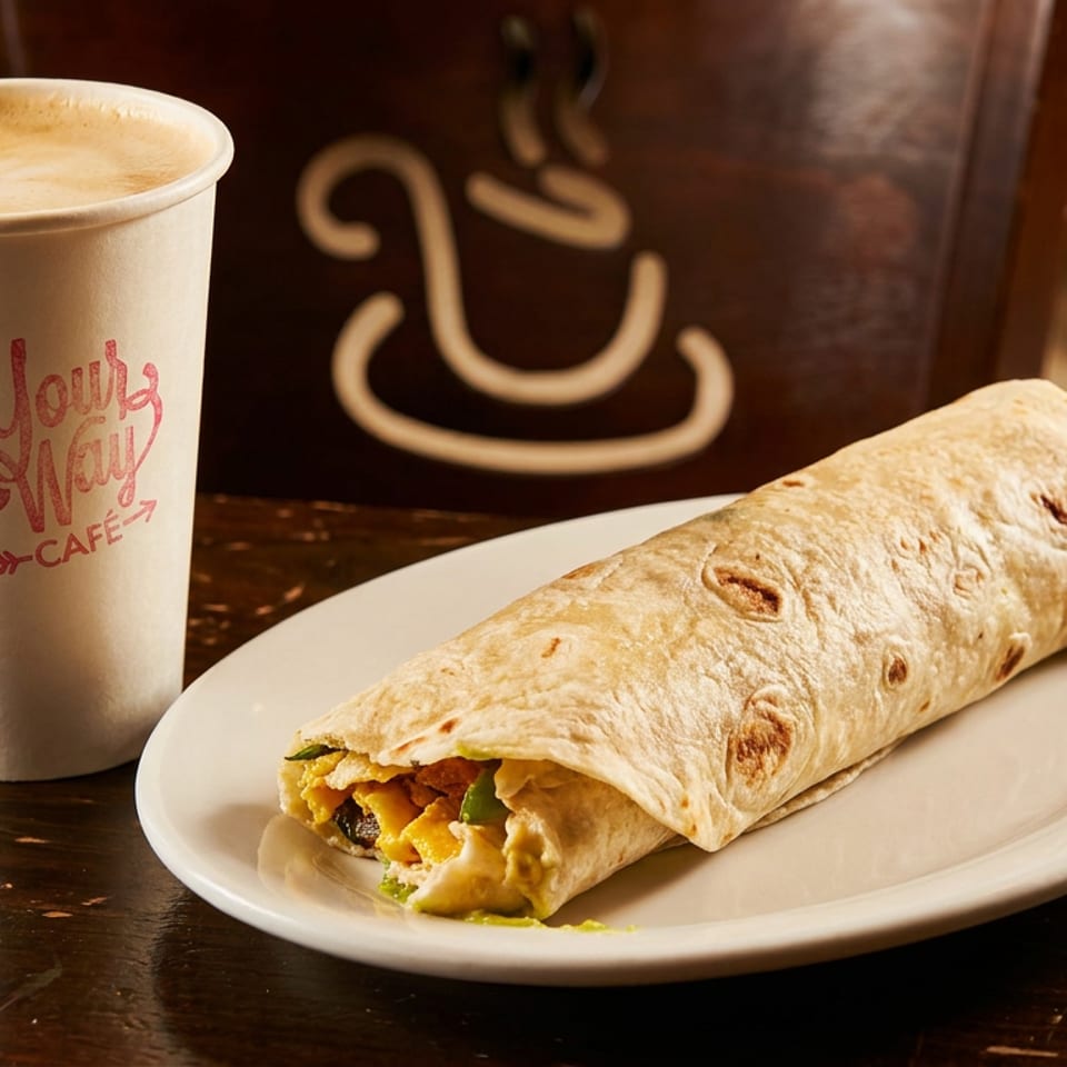 Breakfast burrito on a white plate beside a latte in a branded paper cup, displayed on a dark wooden café table.