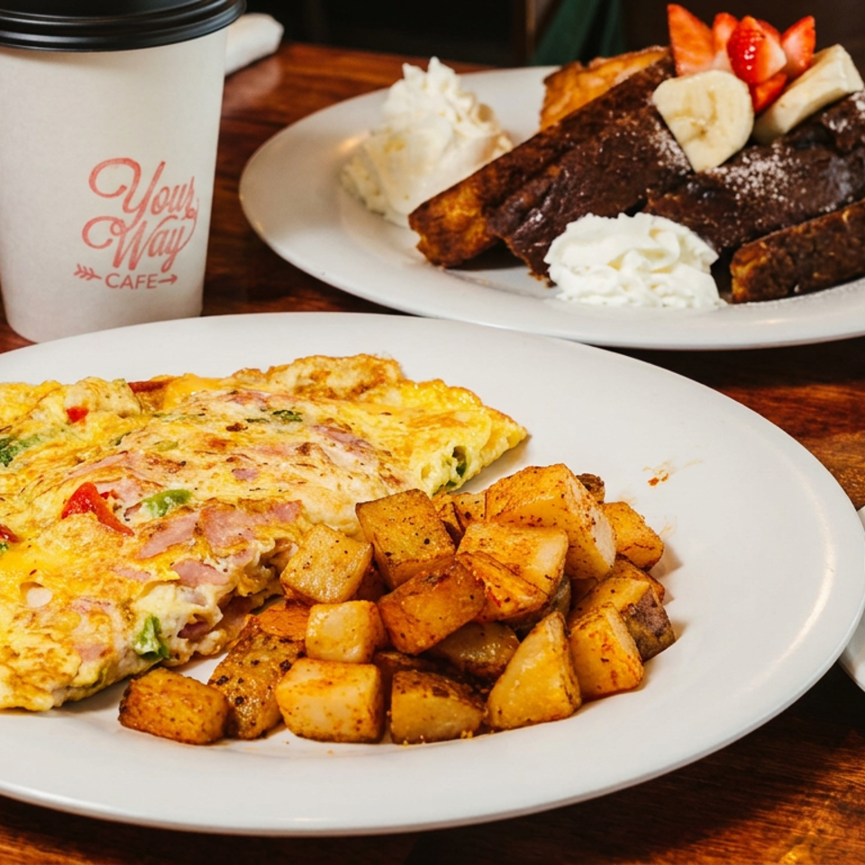 Diner breakfast spread with a ham and vegetable omelet, roasted potatoes, French toast, bacon, fruit, and coffee on a wooden table.