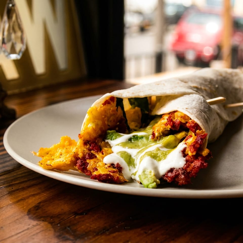 Loaded burrito on a white plate with crispy filling, red sauce, guacamole, and sour cream beside a sunlit window.