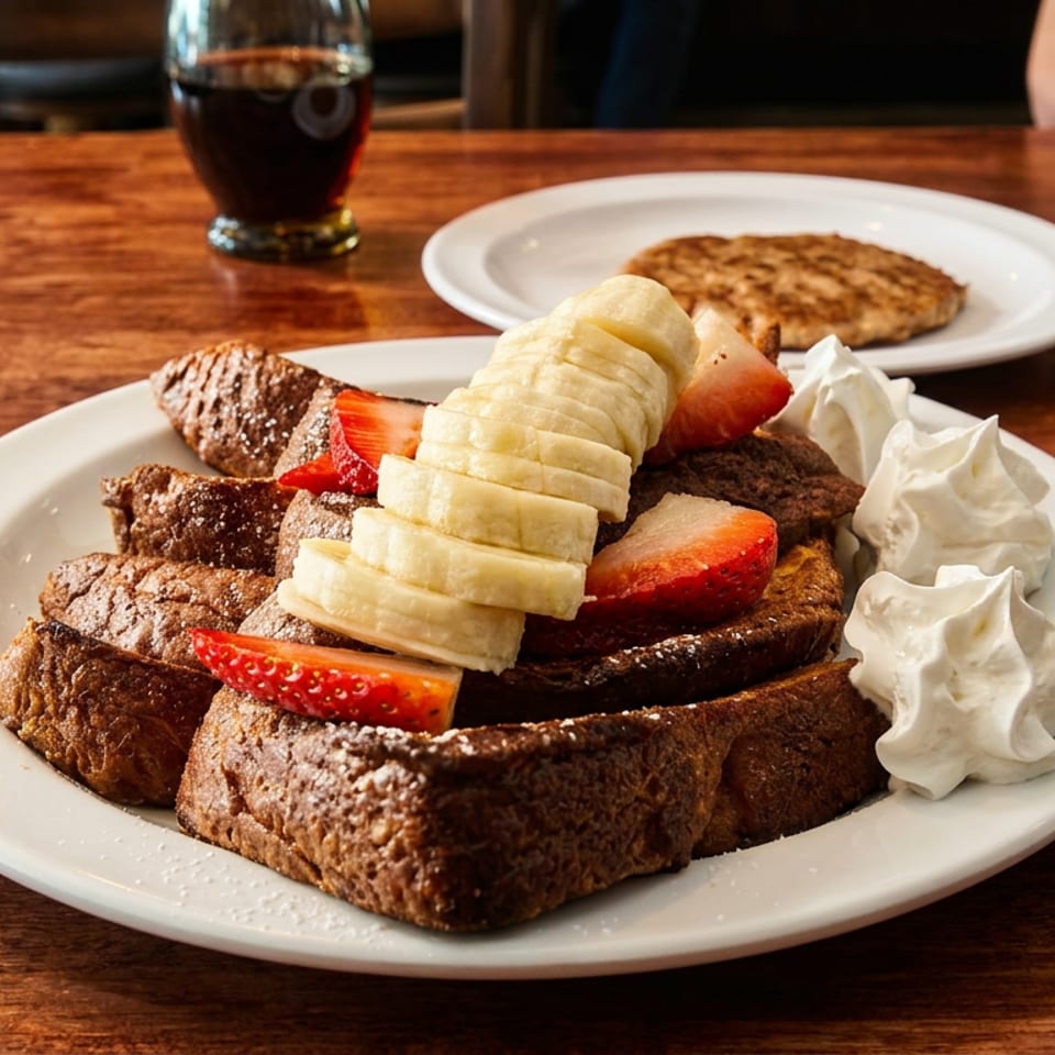 French toast topped with sliced bananas and strawberries, served with whipped cream on a wooden restaurant table.