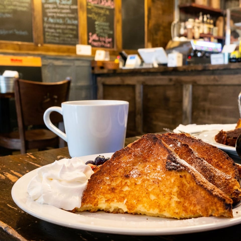 Golden folded crepes with whipped cream and blueberries sit beside coffee and a syrup carafe on a rustic café table.