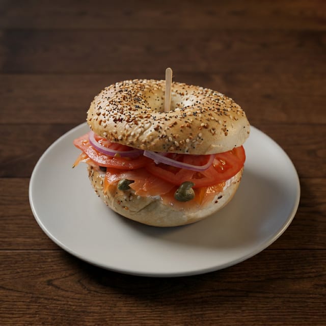 Bagel with Cream Cheese, Smoked Salmon, Tomatoes, Onions, and Capers.
